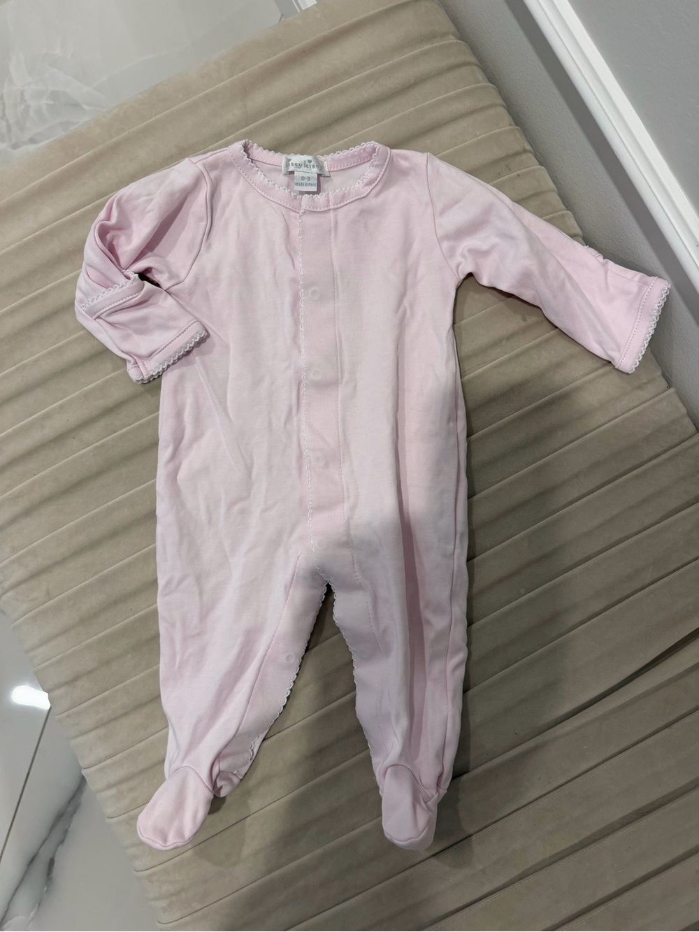 Kissy Kissy Pima Cotton Footie – Solid Pink w/ White Picot Trim – 0-3M